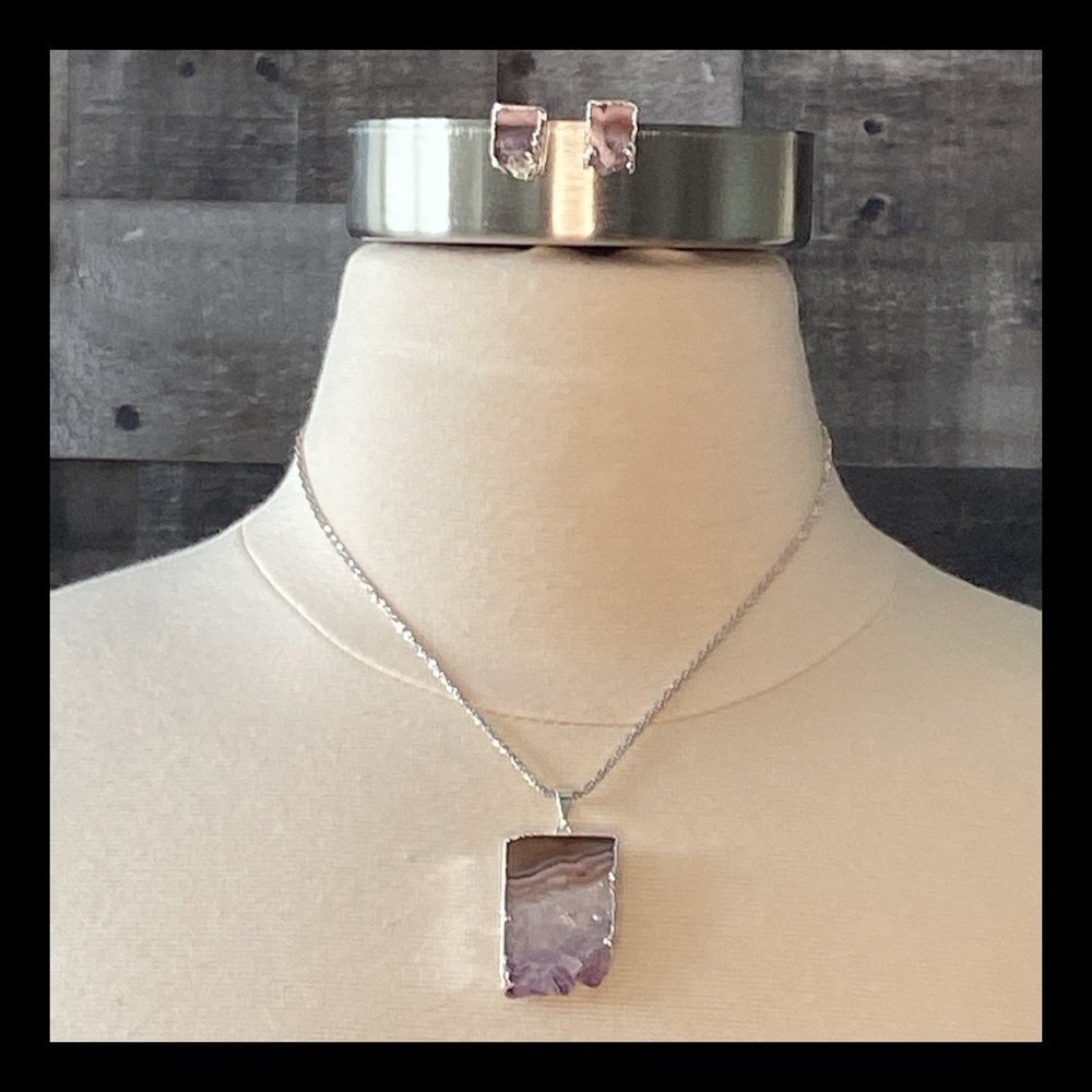 Natural stone amethyst slab necklace earrings silver layered gemstone earth girl